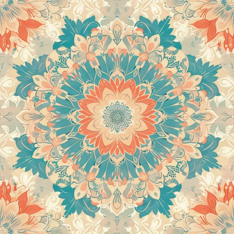 An intricate and symmetrical mandala pattern with retro groovy flowers in pastel orange, teal blue, and beige background. The highly detailed design showcases the beauty of floral motifs arranged around an empty center space for text or imagery. This vector illustration combines elements from both traditional Mexican art styles and modern graphic designs, creating a visually appealing composition that captures elegance and nostalgia in the style of focus on face. --ar 128:107  - style3部分