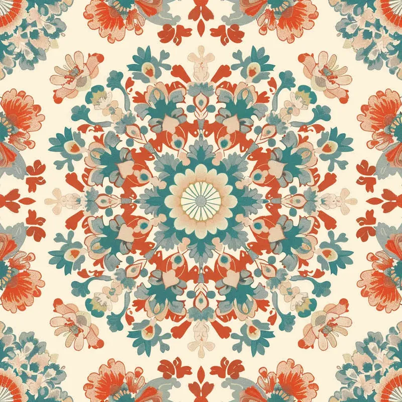 An intricate and symmetrical mandala pattern with retro groovy flowers in pastel orange, teal blue, and beige background. The highly detailed design showcases the beauty of floral motifs arranged around an empty center space for text or imagery. This vector illustration combines elements from both traditional Mexican art styles and modern graphic designs, creating a visually appealing composition that captures elegance and nostalgia in the style of focus on face. --ar 128:107  - style4部分