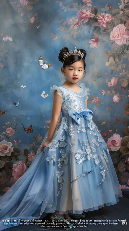 A portrait of an Asian girl around 4 years old, in Cinderella’s blue dress, with a princess background and floral backdrop. She has long hair tied in pigtails, wearing a sparkling tiara on her head. The scene is illuminated by soft studio lighting that casts gentle shadows across the room. Her expression radiates joy as she poses for the photo, surrounded by elements like butterflies and flowers to enhance its whimsical atmosphere, canon r5, 85mm 1.2 lens  – AI绘画作品展示 | Midjourney中文版生成