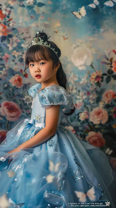 A portrait of an Asian girl around 4 years old, in Cinderella's blue dress, with a princess background and floral backdrop. She has long hair tied in pigtails, wearing a sparkling tiara on her head. The scene is illuminated by soft studio lighting that casts gentle shadows across the room. Her expression radiates joy as she poses for the photo, surrounded by elements like butterflies and flowers to enhance its whimsical atmosphere, canon r5, 85mm 1.2 lens  - style2部分