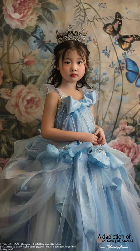 A portrait of an Asian girl around 4 years old, in Cinderella's blue dress, with a princess background and floral backdrop. She has long hair tied in pigtails, wearing a sparkling tiara on her head. The scene is illuminated by soft studio lighting that casts gentle shadows across the room. Her expression radiates joy as she poses for the photo, surrounded by elements like butterflies and flowers to enhance its whimsical atmosphere, canon r5, 85mm 1.2 lens  - style3部分
