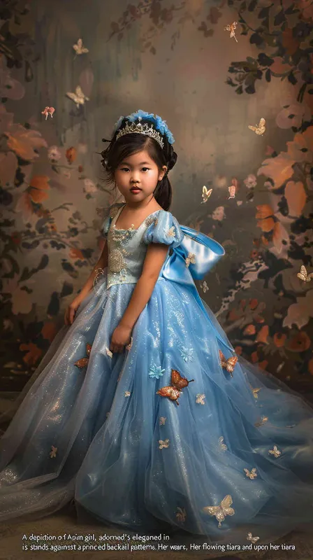 A portrait of an Asian girl around 4 years old, in Cinderella's blue dress, with a princess background and floral backdrop. She has long hair tied in pigtails, wearing a sparkling tiara on her head. The scene is illuminated by soft studio lighting that casts gentle shadows across the room. Her expression radiates joy as she poses for the photo, surrounded by elements like butterflies and flowers to enhance its whimsical atmosphere, canon r5, 85mm 1.2 lens  - style4部分