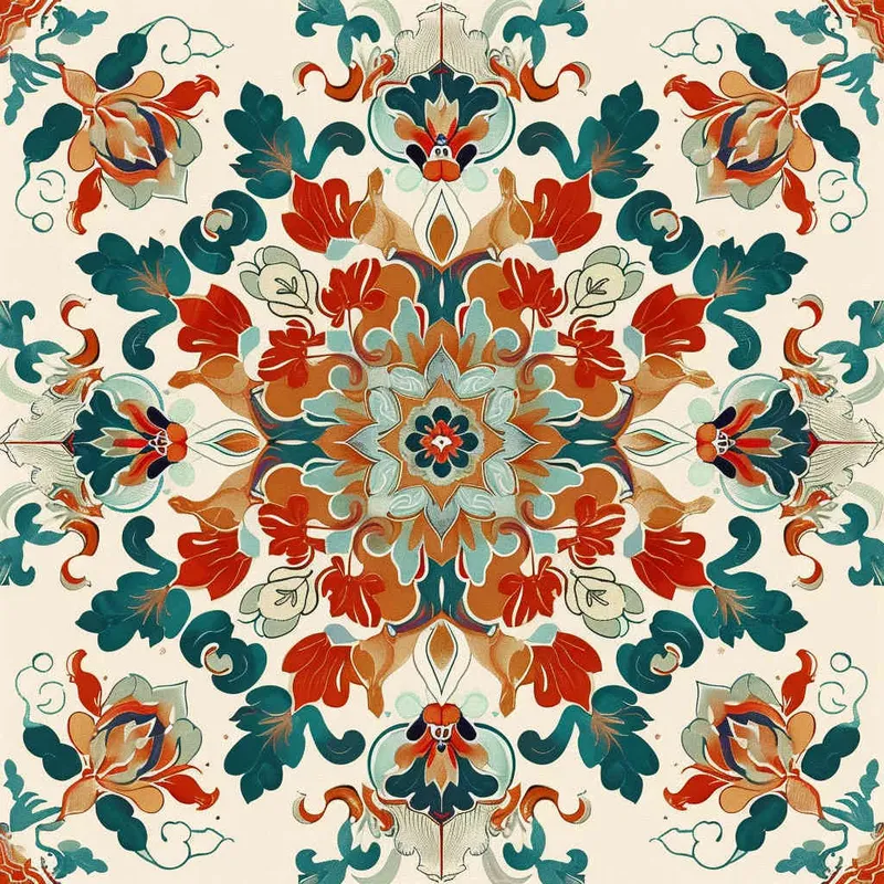 An intricate and symmetrical mandala pattern with retro groovy flowers in pastel orange, teal blue, and beige background. The highly detailed design showcases the beauty of floral motifs arranged around an empty center space for text or imagery., creating a visually appealing composition that captures elegance and nostalgia in the style of focus on face. –ar 128:107 
﻿ – AI绘画作品展示 | Midjourney中文版生成