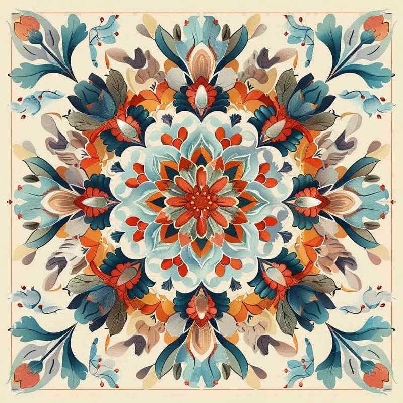An intricate and symmetrical mandala pattern with retro groovy flowers in pastel orange, teal blue, and beige background. The highly detailed design showcases the beauty of floral motifs arranged around an empty center space for text or imagery., creating a visually appealing composition that captures elegance and nostalgia in the style of focus on face. --ar 128:107 
﻿ - style2部分