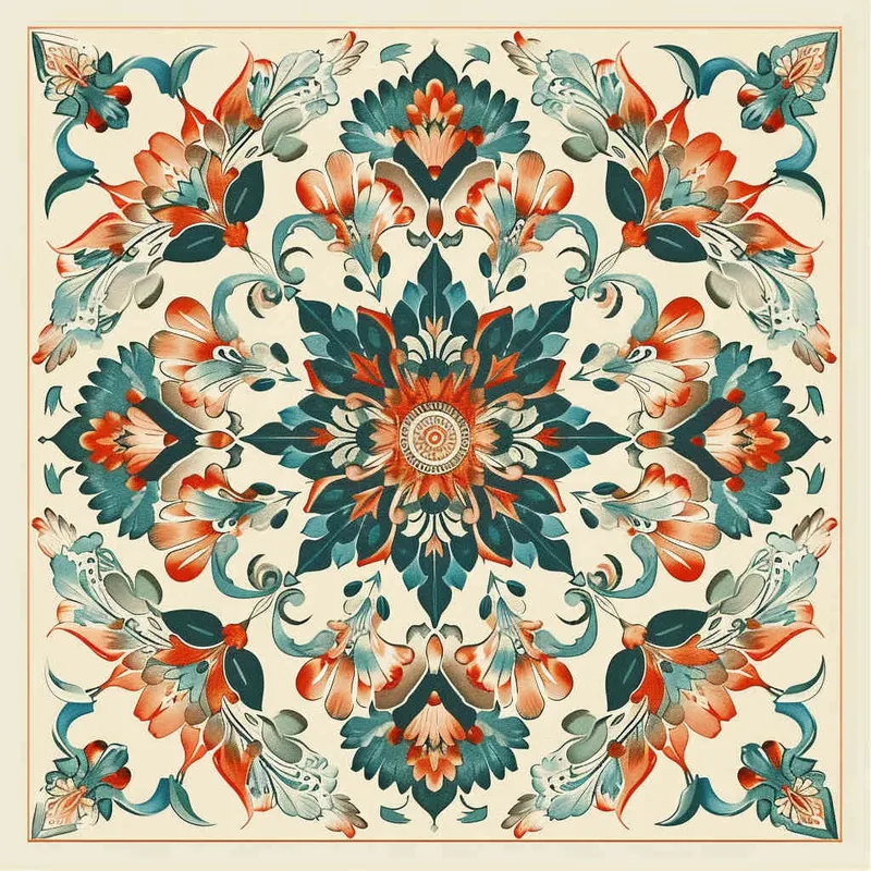 An intricate and symmetrical mandala pattern with retro groovy flowers in pastel orange, teal blue, and beige background. The highly detailed design showcases the beauty of floral motifs arranged around an empty center space for text or imagery., creating a visually appealing composition that captures elegance and nostalgia in the style of focus on face. --ar 128:107 
﻿ - style4部分