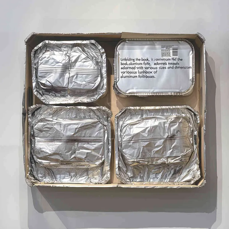 翻开书，书为两个铝箔餐盒，餐盒上面印这各种尺寸大小的铝箔餐盒 - style3部分