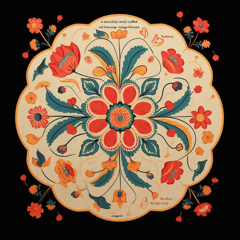 An intricate and symmetrical mandala pattern with retro groovy flowers in pastel orange, teal blue, and beige background. The highly detailed design showcases the beauty of floral motifs arranged around an empty center space for text or imagery. This vector illustration combines elements from both traditional Mexican art styles and modern graphic designs, creating a visually appealing composition that captures elegance and nostalgia in the style of focus on face.  – AI绘画作品展示 | Midjourney中文版生成