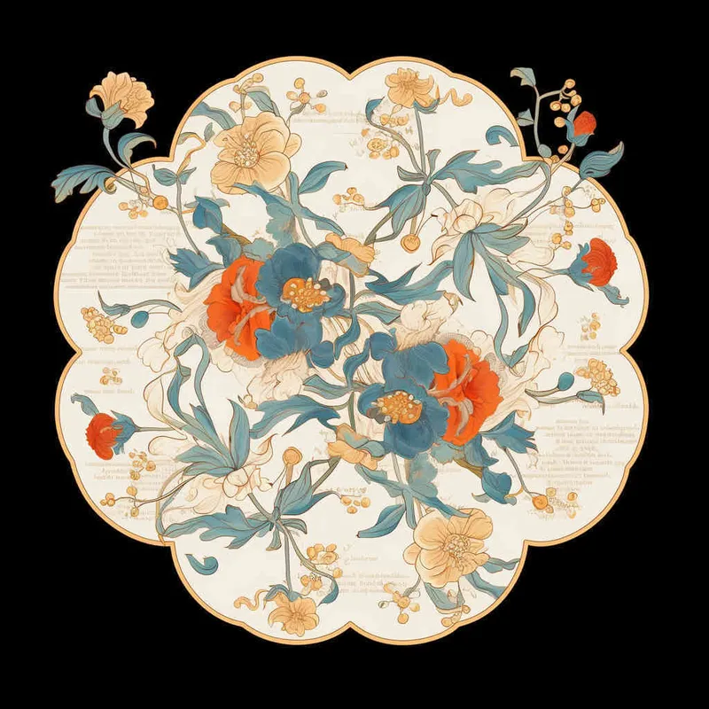 An intricate and symmetrical mandala pattern with retro groovy flowers in pastel orange, teal blue, and beige background. The highly detailed design showcases the beauty of floral motifs arranged around an empty center space for text or imagery. This vector illustration combines elements from both traditional Mexican art styles and modern graphic designs, creating a visually appealing composition that captures elegance and nostalgia in the style of focus on face.  - style2部分
