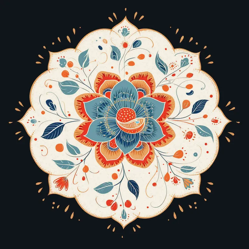 An intricate and symmetrical mandala pattern with retro groovy flowers in pastel orange, teal blue, and beige background. The highly detailed design showcases the beauty of floral motifs arranged around an empty center space for text or imagery. This vector illustration combines elements from both traditional Mexican art styles and modern graphic designs, creating a visually appealing composition that captures elegance and nostalgia in the style of focus on face.  - style3部分