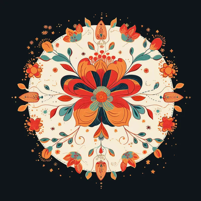 An intricate and symmetrical mandala pattern with retro groovy flowers in pastel orange, teal blue, and beige background. The highly detailed design showcases the beauty of floral motifs arranged around an empty center space for text or imagery. This vector illustration combines elements from both traditional Mexican art styles and modern graphic designs, creating a visually appealing composition that captures elegance and nostalgia in the style of focus on face.  - style4部分
