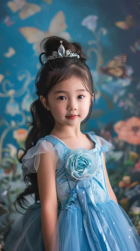 A portrait of an Asian girl around 2 years old, in Cinderella's blue dress, with a princess background and floral backdrop. She has long hair tied in pigtails, wearing a sparkling tiara on her head. The scene is illuminated by soft studio lighting that casts gentle shadows across the room. Her expression radiates joy as she poses for the photo, surrounded by elements like butterflies and flowers to enhance its whimsical atmosphere, canon r5, 85mm 1.2 lens  - style1部分