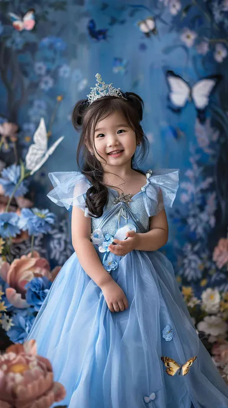 A portrait of an Asian girl around 2 years old, in Cinderella's blue dress, with a princess background and floral backdrop. She has long hair tied in pigtails, wearing a sparkling tiara on her head. The scene is illuminated by soft studio lighting that casts gentle shadows across the room. Her expression radiates joy as she poses for the photo, surrounded by elements like butterflies and flowers to enhance its whimsical atmosphere, canon r5, 85mm 1.2 lens  - style2部分