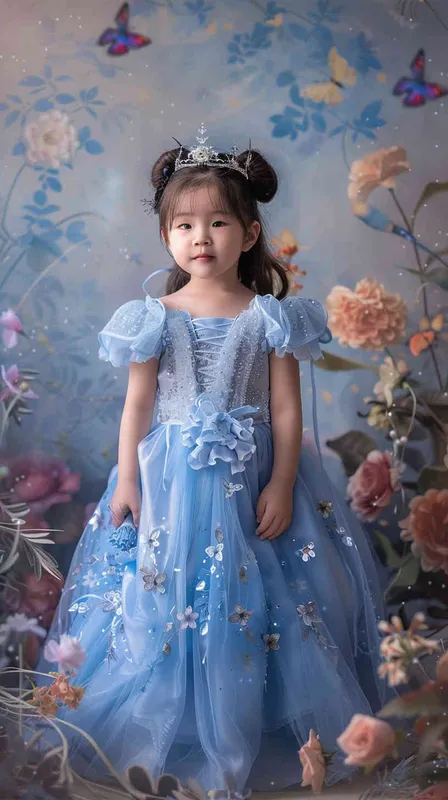 A portrait of an Asian girl around 2 years old, in Cinderella's blue dress, with a princess background and floral backdrop. She has long hair tied in pigtails, wearing a sparkling tiara on her head. The scene is illuminated by soft studio lighting that casts gentle shadows across the room. Her expression radiates joy as she poses for the photo, surrounded by elements like butterflies and flowers to enhance its whimsical atmosphere, canon r5, 85mm 1.2 lens  - style3部分
