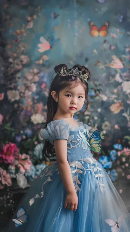 A portrait of an Asian girl around 2 years old, in Cinderella's blue dress, with a princess background and floral backdrop. She has long hair tied in pigtails, wearing a sparkling tiara on her head. The scene is illuminated by soft studio lighting that casts gentle shadows across the room. Her expression radiates joy as she poses for the photo, surrounded by elements like butterflies and flowers to enhance its whimsical atmosphere, canon r5, 85mm 1.2 lens  - style4部分