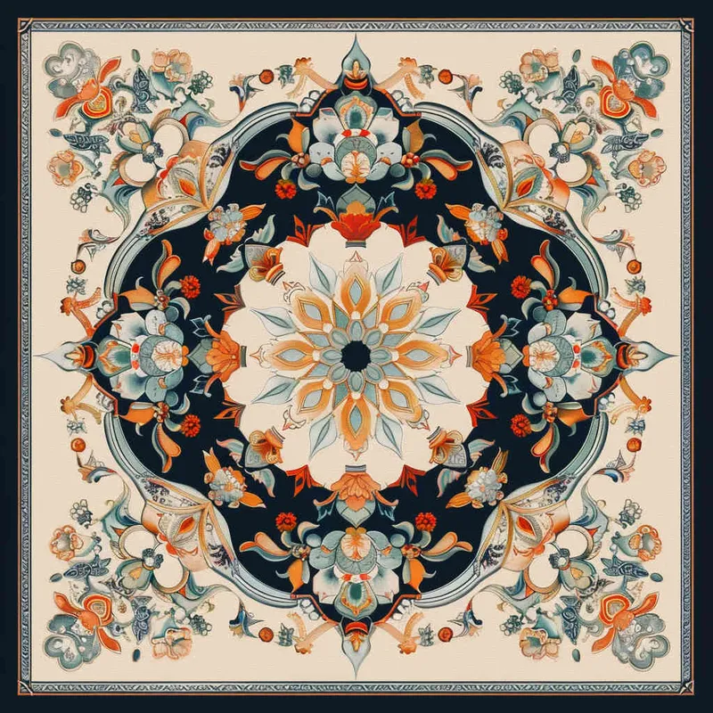 An intricate and symmetrical mandala pattern with retro groovy flowers in pastel orange, teal blue, and beige background. The highly detailed design showcases the beauty of floral motifs arranged around an empty center space for text or imagery., creating a visually appealing composition that captures elegance and nostalgia in the style of focus on face. --ar 128:107  - style1部分