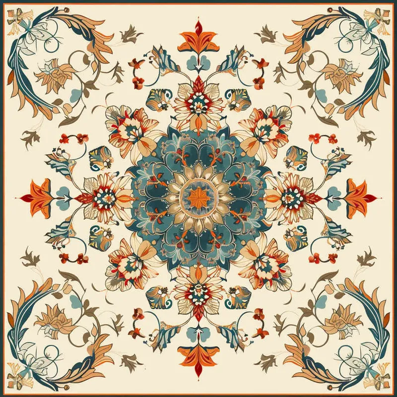 An intricate and symmetrical mandala pattern with retro groovy flowers in pastel orange, teal blue, and beige background. The highly detailed design showcases the beauty of floral motifs arranged around an empty center space for text or imagery., creating a visually appealing composition that captures elegance and nostalgia in the style of focus on face. --ar 128:107  - style2部分