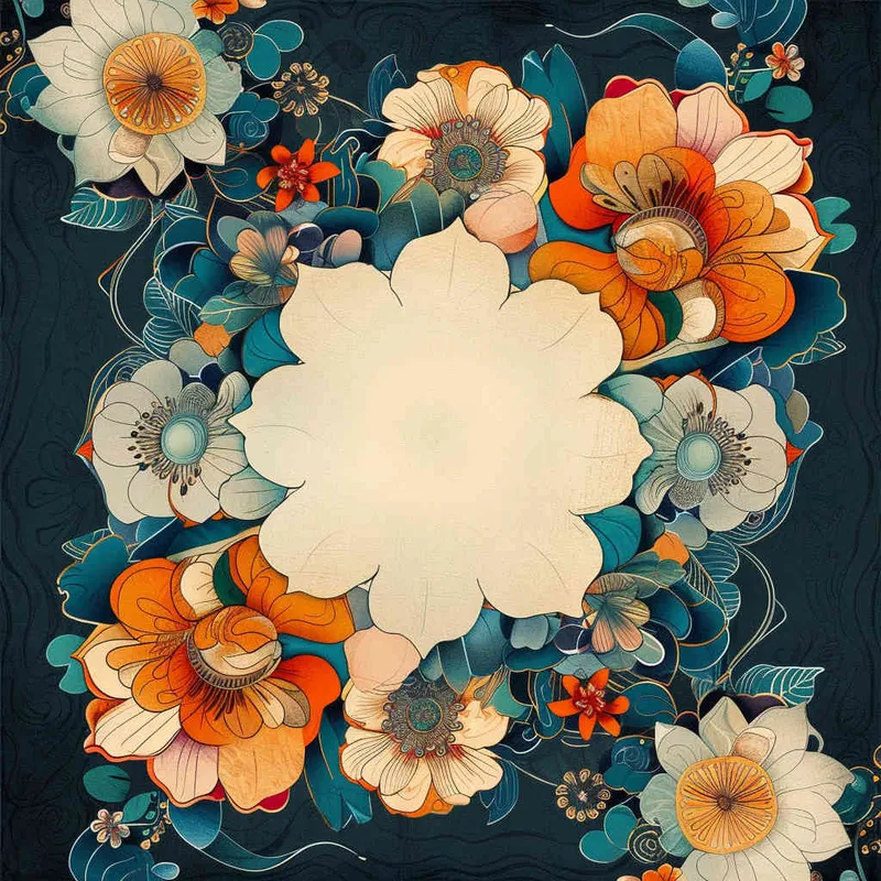 An intricate and symmetrical mandala pattern with retro groovy flowers in pastel orange, teal blue, and beige background. The highly detailed design showcases the beauty of floral motifs arranged around an empty center space for text or imagery., creating a visually appealing composition that captures elegance and nostalgia in the style of focus on face. --ar 128:107  - style3部分