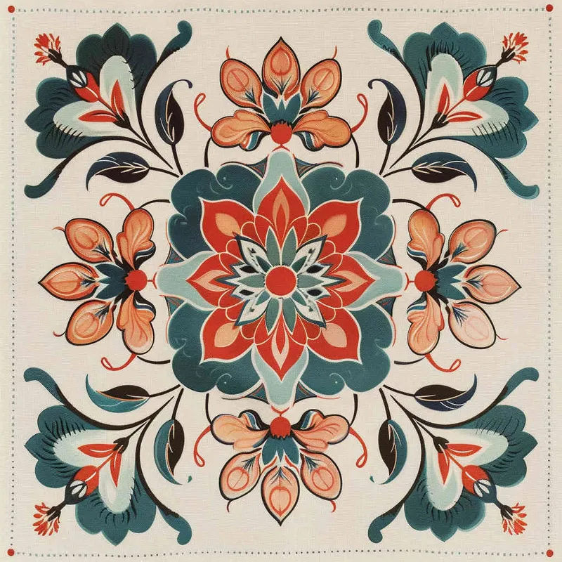 An intricate and symmetrical mandala pattern with retro groovy flowers in pastel orange, teal blue, and beige background. The highly detailed design showcases the beauty of floral motifs arranged around an empty center space for text or imagery., creating a visually appealing composition that captures elegance and nostalgia in the style of focus on face. --ar 128:107  - style4部分