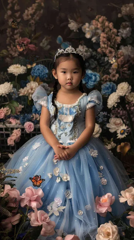 A portrait of an Asian girl around 2 years old, with no make up, in Cinderella's blue dress, with a princess background and floral backdrop. She has long hair tied in pigtails, wearing a sparkling tiara on her head. The scene is illuminated by soft studio lighting that casts gentle shadows across the room. Her expression radiates joy as she poses for the photo, surrounded by elements like butterflies and flowers to enhance its whimsical atmosphere, canon r5, 85mm 1.2 lens - style1部分