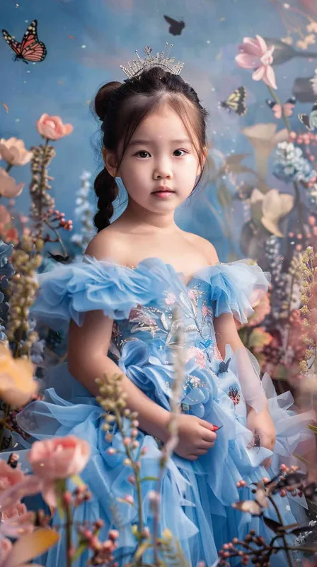 A portrait of an Asian girl around 2 years old, with no make up, in Cinderella's blue dress, with a princess background and floral backdrop. She has long hair tied in pigtails, wearing a sparkling tiara on her head. The scene is illuminated by soft studio lighting that casts gentle shadows across the room. Her expression radiates joy as she poses for the photo, surrounded by elements like butterflies and flowers to enhance its whimsical atmosphere, canon r5, 85mm 1.2 lens - style3部分