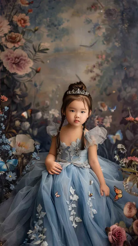 A portrait of an Asian girl around 2 years old, with no make up, in Cinderella's blue dress, with a princess background and floral backdrop. She has long hair tied in pigtails, wearing a sparkling tiara on her head. The scene is illuminated by soft studio lighting that casts gentle shadows across the room. Her expression radiates joy as she poses for the photo, surrounded by elements like butterflies and flowers to enhance its whimsical atmosphere, canon r5, 85mm 1.2 lens - style4部分