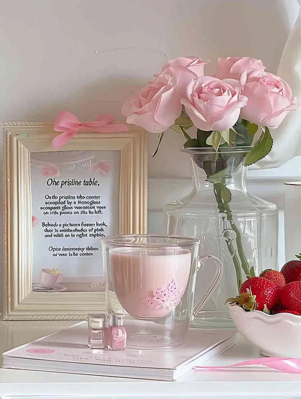 On the white table, the cup is placed in the middle, the left side is placed a vase with pink rose flowers, the vase is transparent glass, behind the cup is placed a picture frame or book, with pink and white as the main color, the right side of the cup is placed a strawberry fruit bowl, the overall style is clean, clear, ins wind, girlish feeling, dreamlike feeling.The background is a soft white wall, with pink flowers in the vase, creating a dreamy atmosphere--Ar 3:4 - style1部分