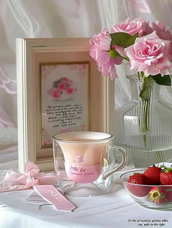 On the white table, the cup is placed in the middle, the left side is placed a vase with pink rose flowers, the vase is transparent glass, behind the cup is placed a picture frame or book, with pink and white as the main color, the right side of the cup is placed a strawberry fruit bowl, the overall style is clean, clear, ins wind, girlish feeling, dreamlike feeling.The background is a soft white wall, with pink flowers in the vase, creating a dreamy atmosphere--Ar 3:4 - style2部分
