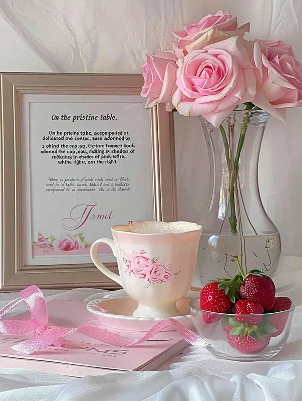 On the white table, the cup is placed in the middle, the left side is placed a vase with pink rose flowers, the vase is transparent glass, behind the cup is placed a picture frame or book, with pink and white as the main color, the right side of the cup is placed a strawberry fruit bowl, the overall style is clean, clear, ins wind, girlish feeling, dreamlike feeling.The background is a soft white wall, with pink flowers in the vase, creating a dreamy atmosphere--Ar 3:4 - style3部分