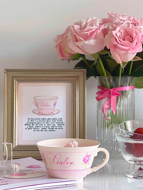 On the white table, the cup is placed in the middle, the left side is placed a vase with pink rose flowers, the vase is transparent glass, behind the cup is placed a picture frame or book, with pink and white as the main color, the right side of the cup is placed a strawberry fruit bowl, the overall style is clean, clear, ins wind, girlish feeling, dreamlike feeling.The background is a soft white wall, with pink flowers in the vase, creating a dreamy atmosphere--Ar 3:4 - style4部分