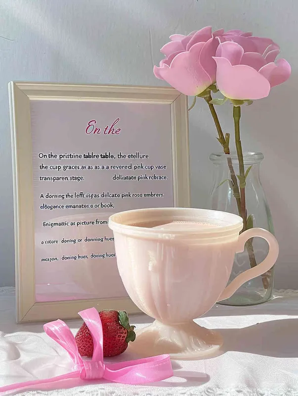 On the white table, the pink cup is placed in the middle, the left side is placed a vase with pink rose flowers, the vase is transparent glass, behind the cup is placed a picture frame or book, with pink and white as the main color, the right side of the cup is placed a strawberry fruit bowl, the overall style is clean, clear, ins wind, girlish feeling, dreamlike feeling.The background is a soft white wall, with pink flowers in the vase, creating a dreamy atmosphere--Ar 3:4 - style4部分