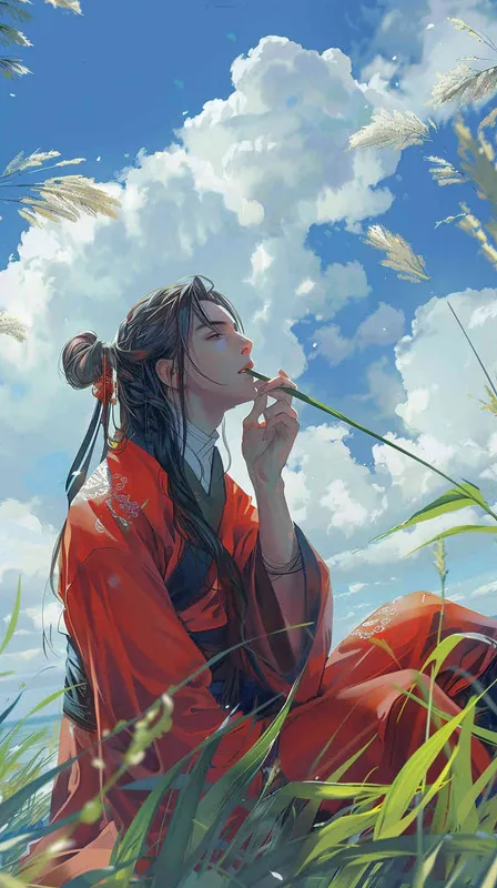 蓝天白云下，一位身穿红色长袍，面容俊美，束起长发的少年男子，正把一棵草放到嘴里 - style1部分