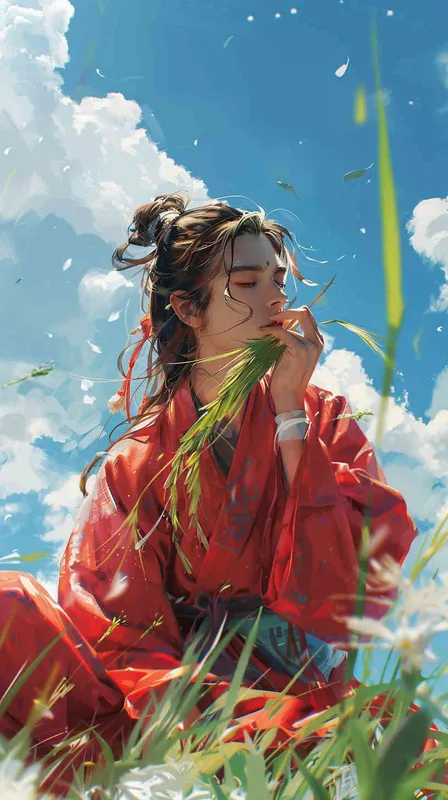 蓝天白云下，一位身穿红色长袍，面容俊美，束起长发的少年男子，正把一棵草放到嘴里 - style3部分