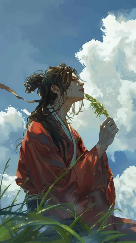 蓝天白云下，一位身穿红色长袍，面容俊美，束起长发的少年男子，正把一棵草放到嘴里 - style4部分