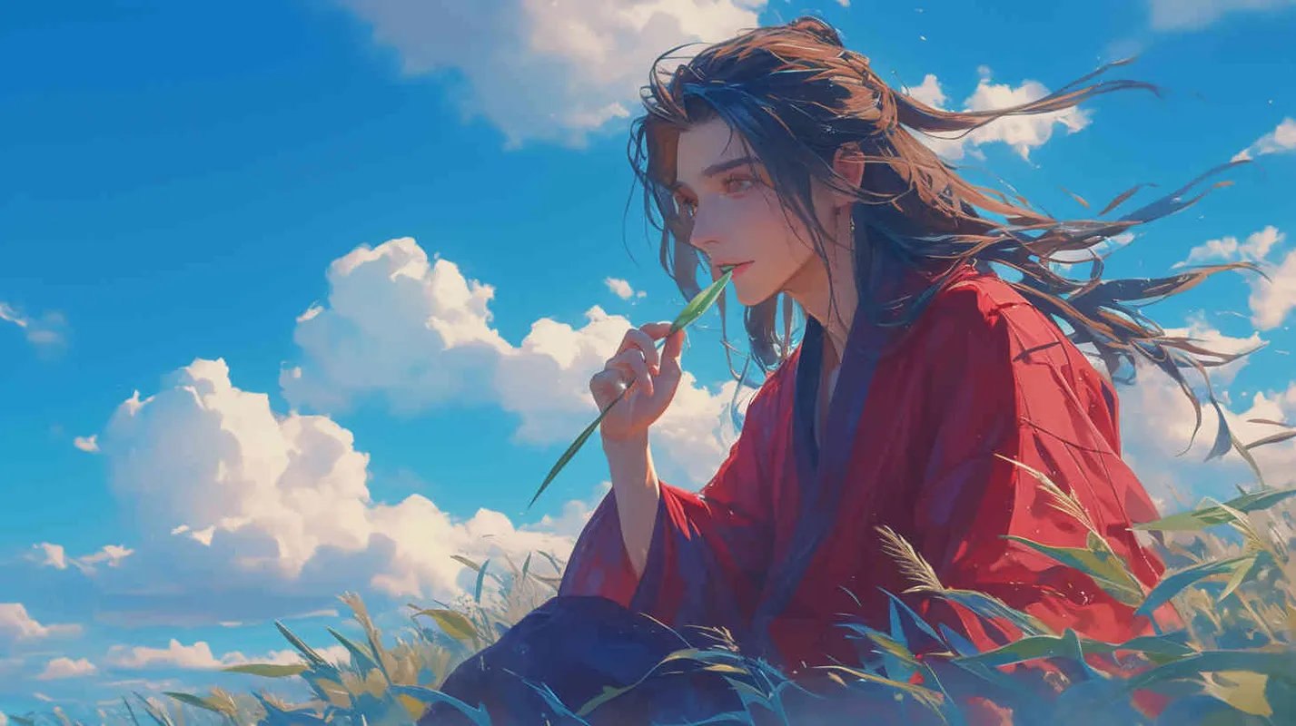 蓝天白云下，一位身穿红色长袍，面容俊美，束起长发的少年男子，正把一棵绿色的草放到嘴里 - style1部分