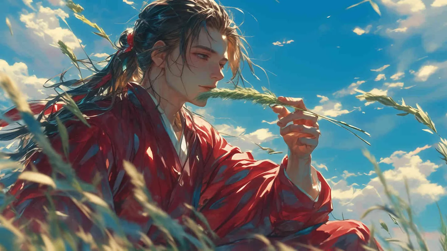蓝天白云下，一位身穿红色长袍，面容俊美，束起长发的少年男子，正把一棵绿色的草放到嘴里 - style3部分