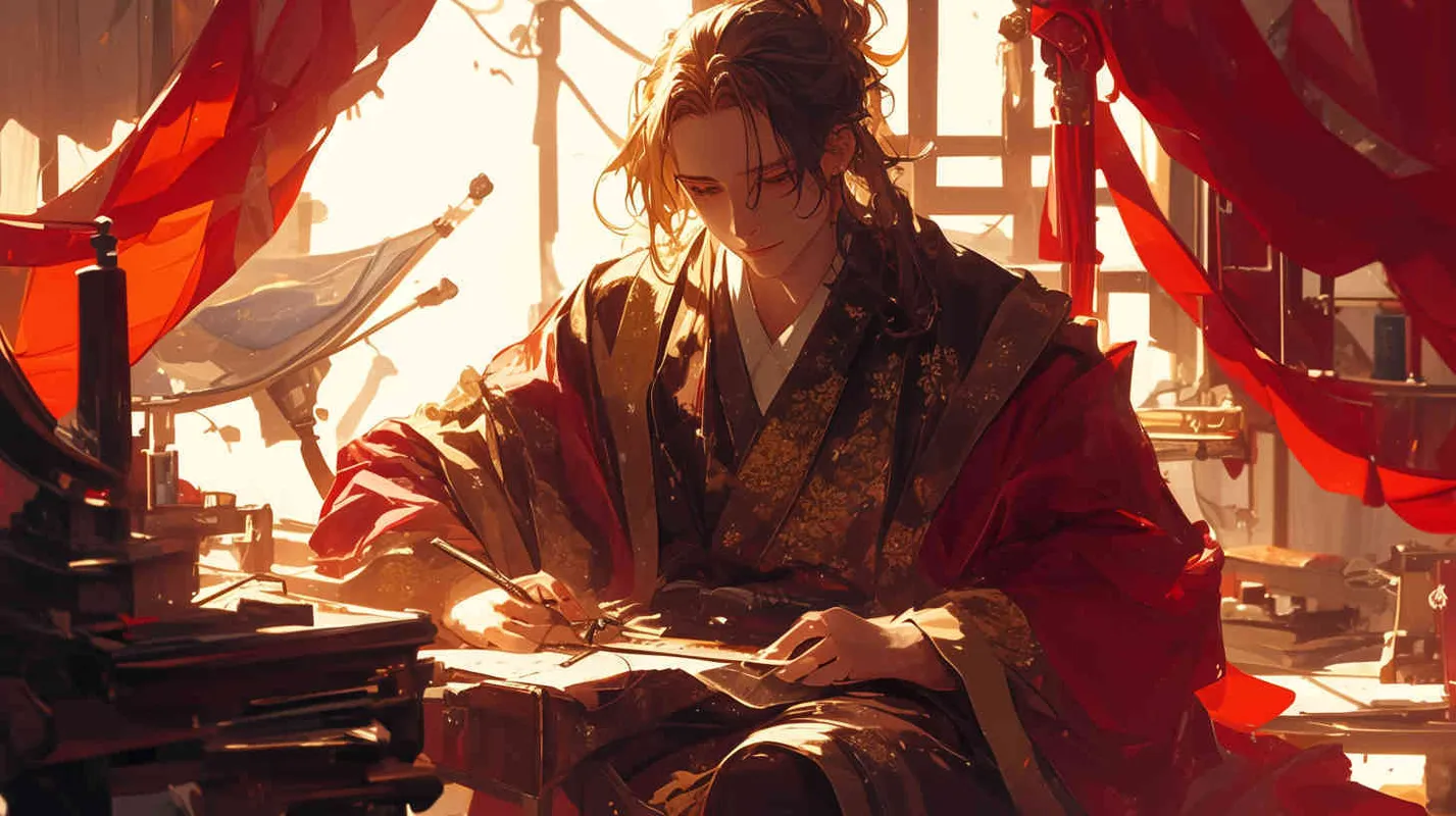 一位身穿红色长袍，面容俊美，束起长发的少年男子，正在制作衣服 - style1部分