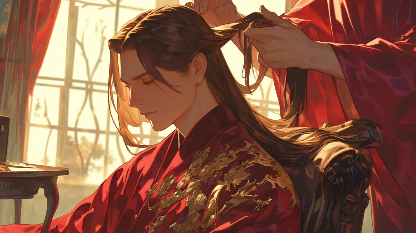 一位身穿红色长袍，面容俊美，束起长发的少年男子，正在制作衣服 - style2部分