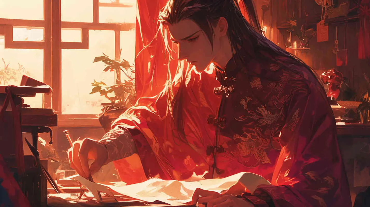 一位身穿红色长袍，面容俊美，束起长发的少年男子，正在制作衣服 - style3部分