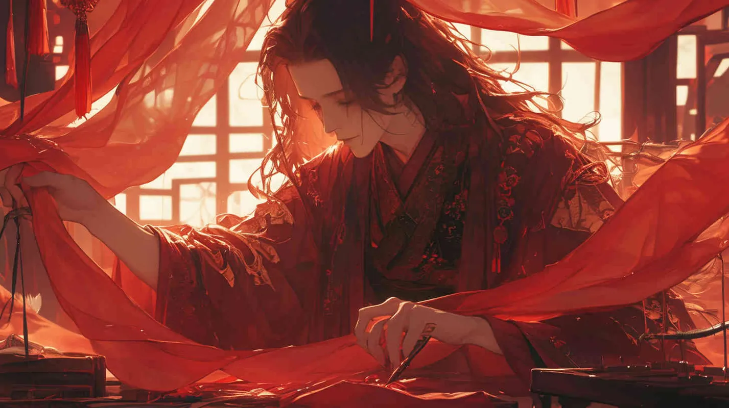 一位身穿红色长袍，面容俊美，束起长发的少年男子，正在制作衣服 - style4部分