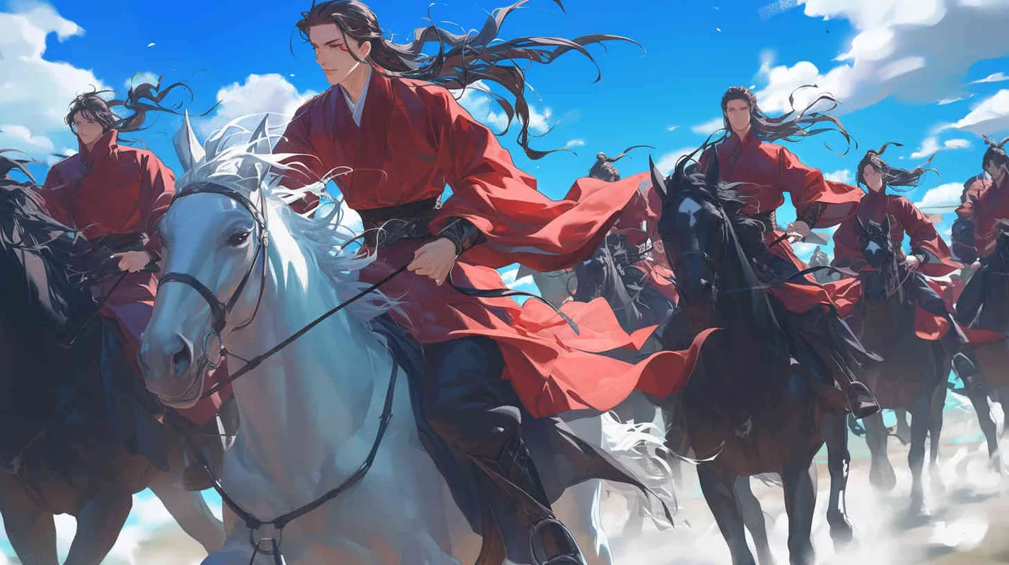 蓝天白云下，一位身穿红色长袍，面容俊美，束起长发的少年男子，骑在白马上，身后十个身穿黑色长袍，面容俊美，束起长发的少年男子，骑在黑马上，他们正在放 - style1部分