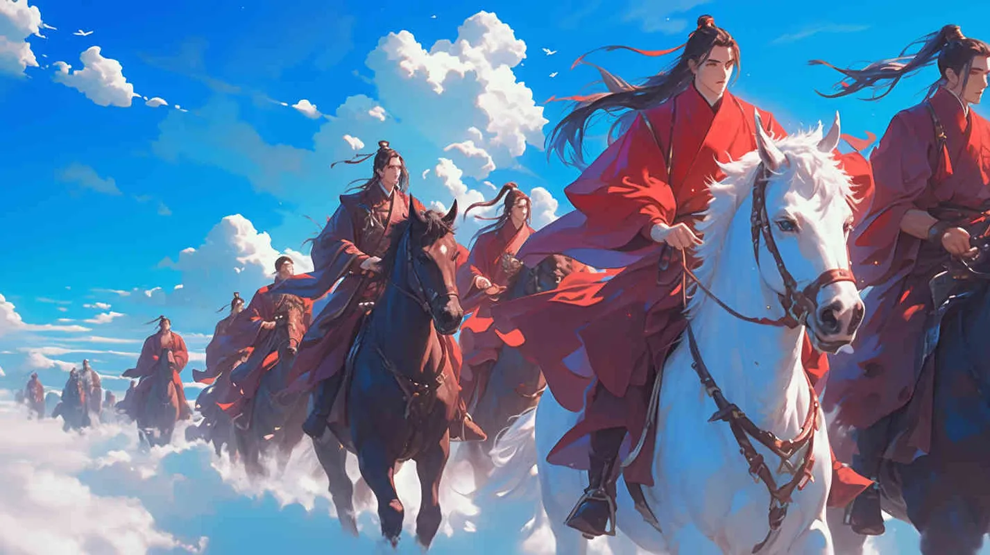 蓝天白云下，一位身穿红色长袍，面容俊美，束起长发的少年男子，骑在白马上，身后十个身穿黑色长袍，面容俊美，束起长发的少年男子，骑在黑马上，他们正在放 - style2部分