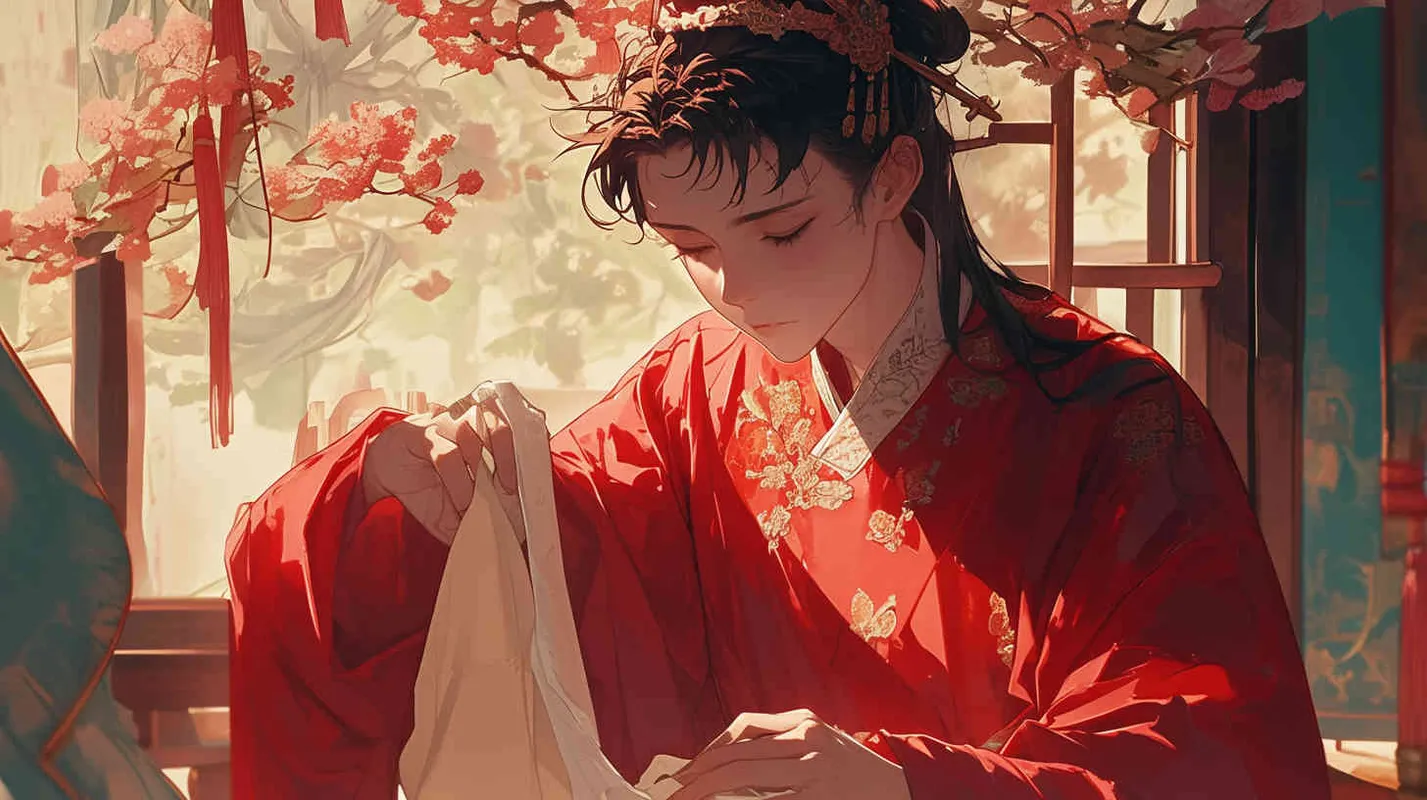 一位身穿红色长袍，面容俊美，头发被束发带束起的中国古代少年男子，正在裁剪灰色粗布麻衣 - style1部分