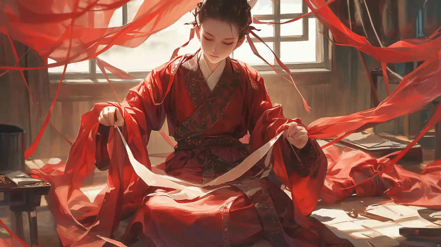 一位身穿红色长袍，面容俊美，头发被束发带束起的中国古代少年男子，正在裁剪灰色粗布麻衣 - style2部分