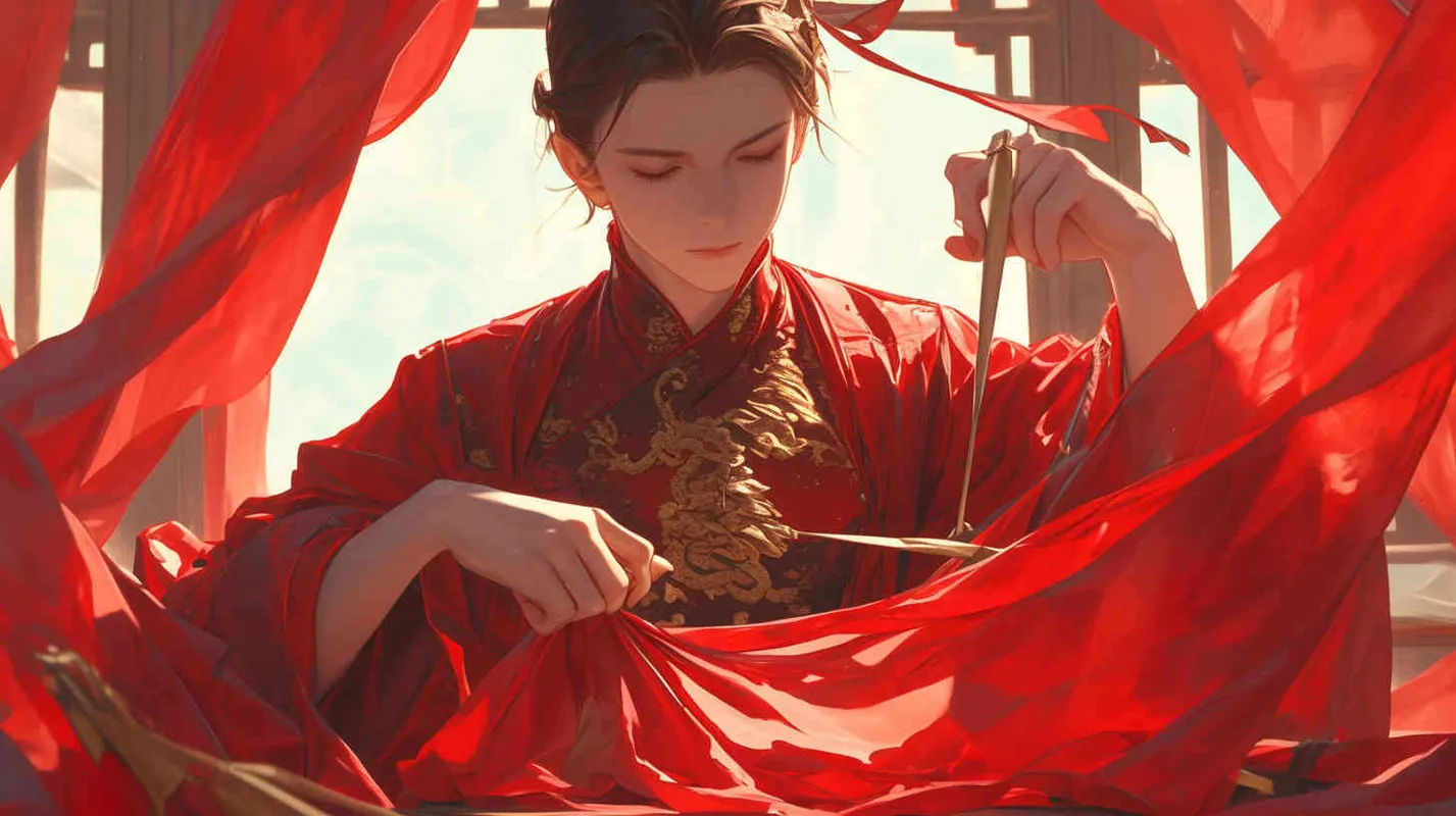 一位身穿红色长袍，面容俊美，头发被束发带束起的中国古代少年男子，正在裁剪灰色粗布麻衣 - style3部分