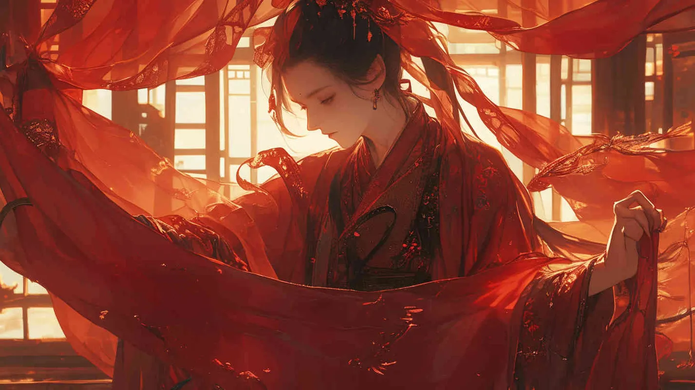 一位身穿红色长袍，面容俊美，头发被束发带束起的中国古代少年男子，正在裁剪灰色粗布麻衣 - style4部分