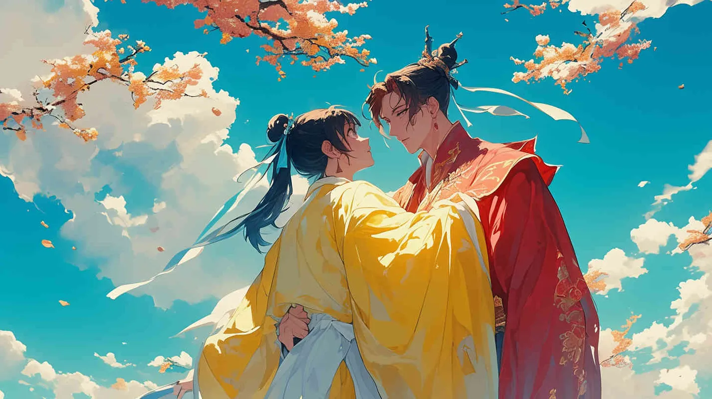 蓝天白云下，一位身穿红色长袍，面容俊美，头发被束发带束起的中国古代少年男子，身边站着一位身穿黄色长袍，面容俊美，头发被束发带束起的中国古代少年男子 - style1部分