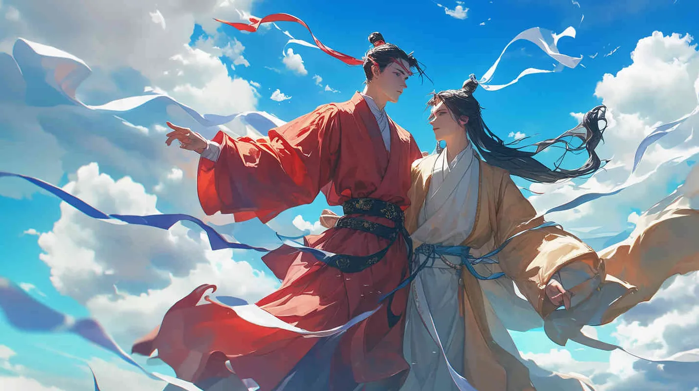 蓝天白云下，一位身穿红色长袍，面容俊美，头发被束发带束起的中国古代少年男子，身边站着一位身穿黄色长袍，面容俊美，头发被束发带束起的中国古代少年男子 - style2部分