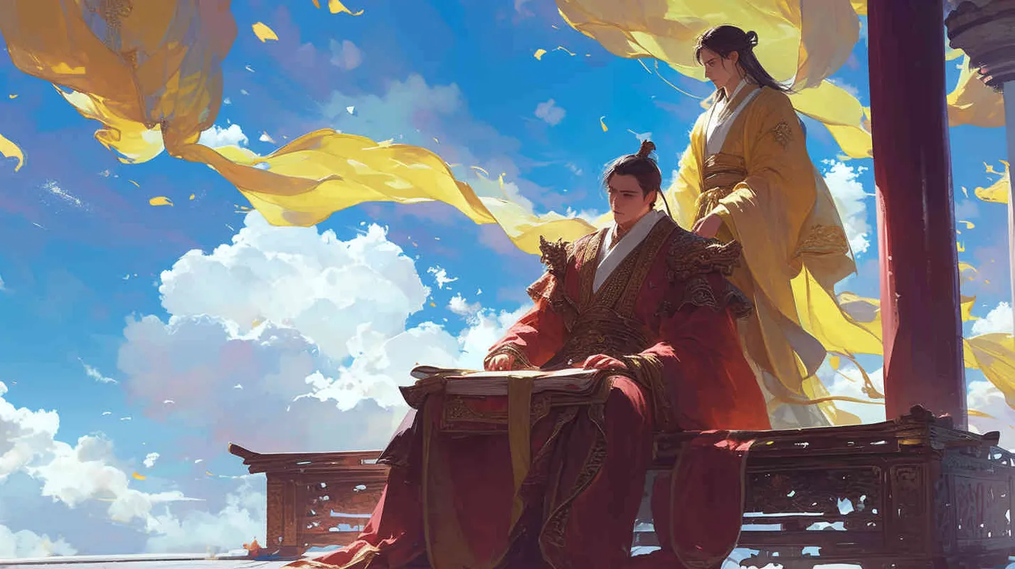 蓝天白云下，一位身穿红色长袍，面容俊美，头发被束发带束起的中国古代少年男子，身边站着一位身穿黄色长袍，面容俊美，头发被束发带束起的中国古代少年男子 - style4部分