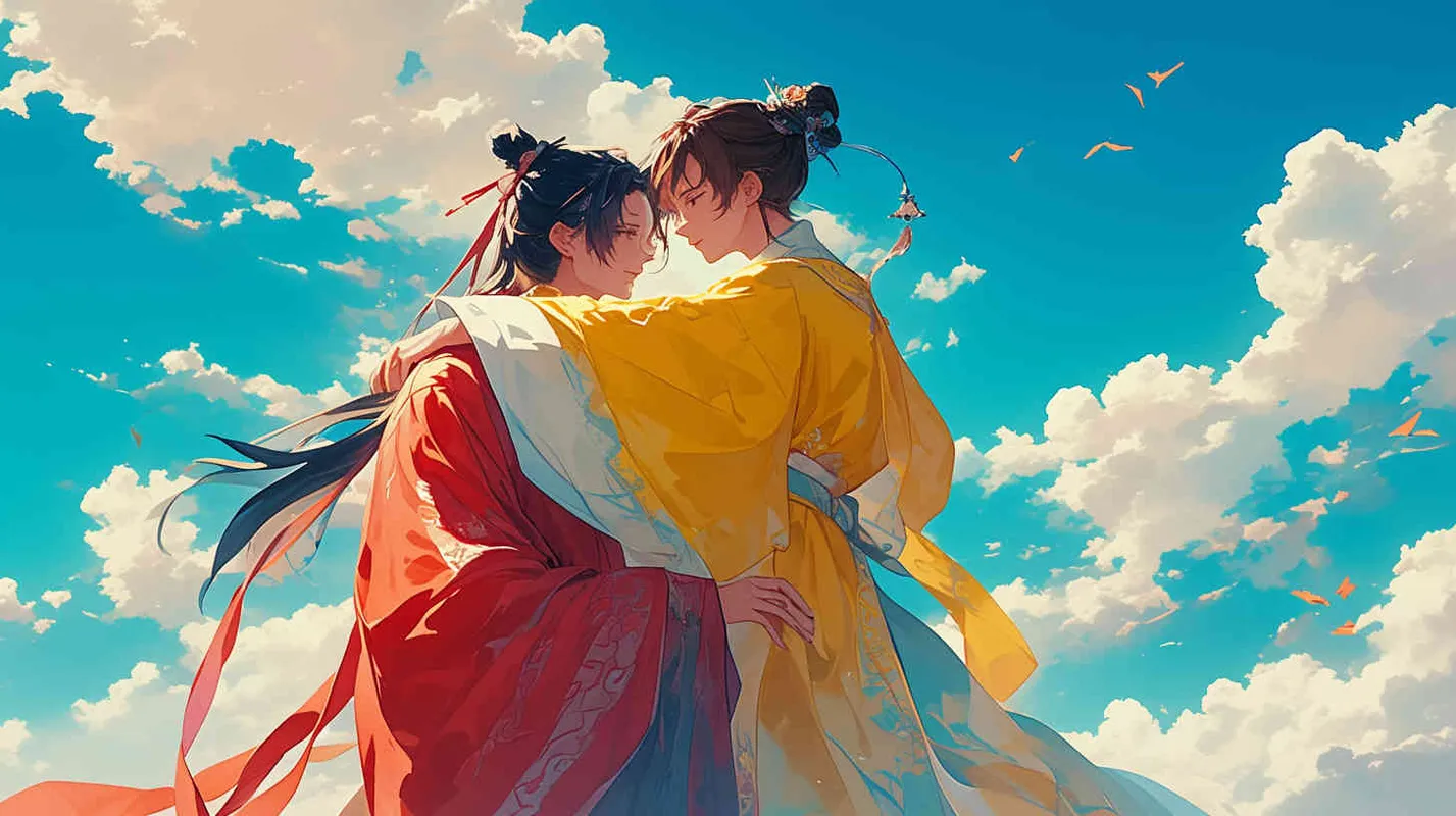 蓝天白云下，一位身穿红色长袍，面容俊美，头发被束发带束起的中国古代少年男子，身边站着一位身穿黄色长袍，面容俊美，头发被束发带束起的中国古代少年男子 ，他们两个肩并肩站在一起，看向远方 - style2部分