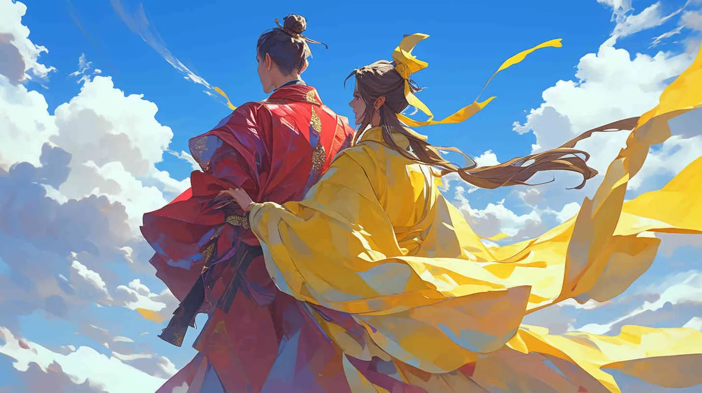 蓝天白云下，一位身穿红色长袍，面容俊美，头发被束发带束起的中国古代少年男子，身边站着一位身穿黄色长袍，面容俊美，头发被束发带束起的中国古代少年男子 ，他们两个肩并肩站在一起，看向远方 - style3部分